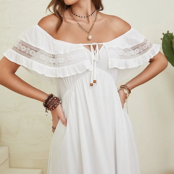 WHITE Tie Front Ruffle Trim Off Shoulder Dress - Picture 6 of 7